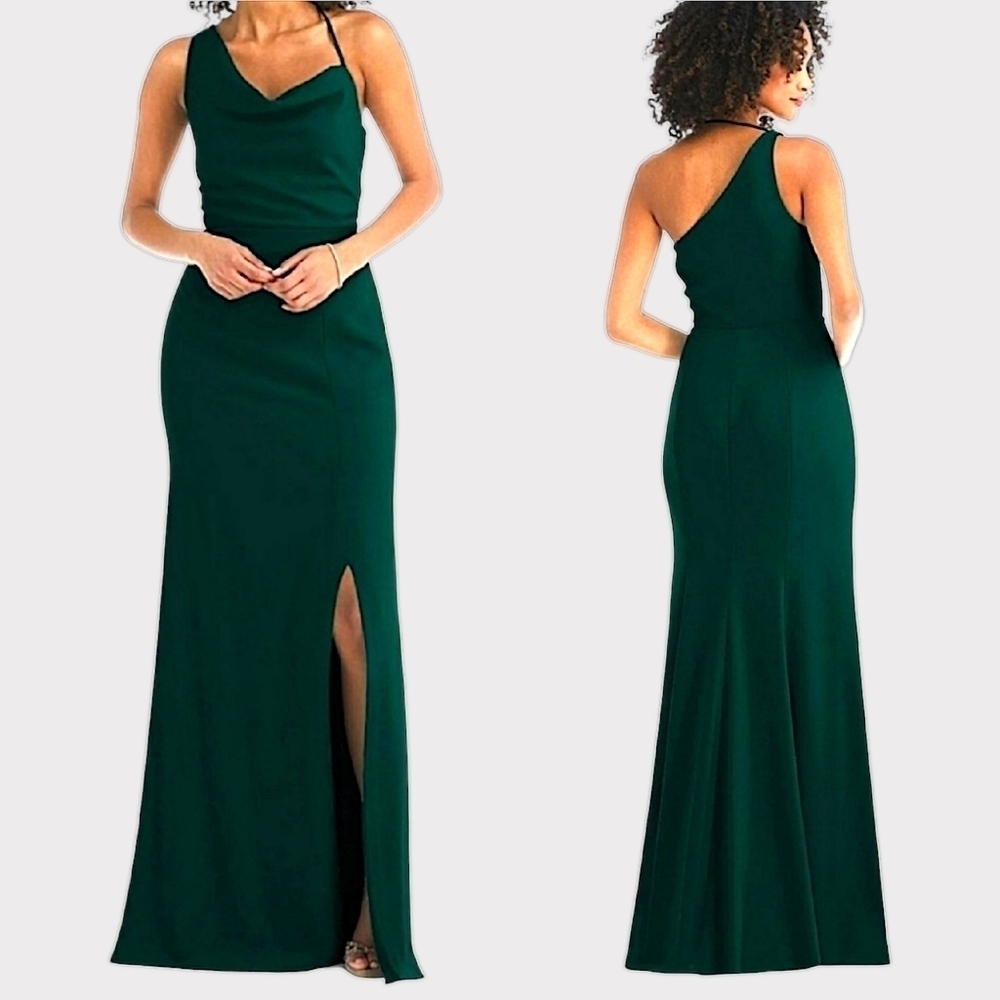 After Six Crepe One Shoulder Cowl Neck Maxi Dress Evergreen